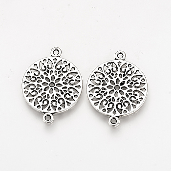 Tibetan Style Alloy Links connectors, Flat Round and Flower, Cadmium Free & Nickel Free & Lead Free, Antique Silver, 24x18x1mm, Hole: 1.5mm, about 720pcs/1000g