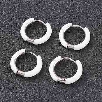 Two Tone 304 Stainless Steel Chunky Huggie Hoop Earrings with Enamel for Women, Stainless Steel Color, White, 10 Gauge, 15~16x2.5~3mm, Pin: 1mm