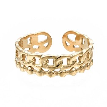 304 Stainless Steel Curb Chain Open Cuff Ring, Hollow Chunky Ring for Women, Golden, US Size 6 3/4(17.1mm)