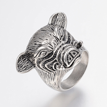 304 Stainless Steel Finger Rings, Wide Band Rings, Piggy Head, Antique Silver, 17~22mm