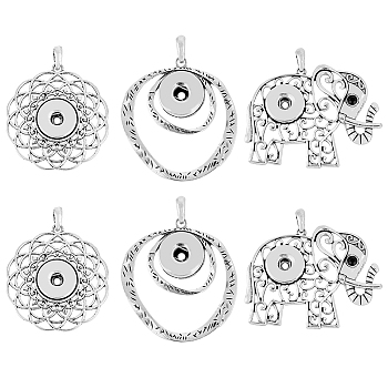 6Pcs 3 Style Alloy Hang Snap Base Pendant, for Interchangeable Snap Charms Jewelry Making, Elephant & Flower, Antique Silver, 50~52.5x48.5~65.5x4.5mm, Hole: 8X4.5mm, 2pcs/style