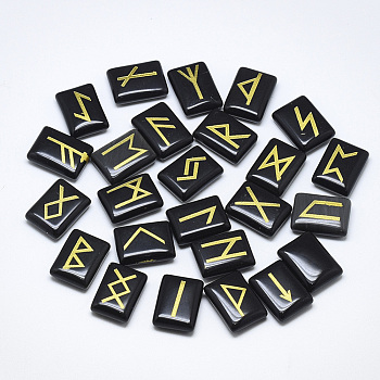 Natural Dyed & Heated Black Agate Cabochons, Rectangle with Runes/Futhark/Futhorc, 20x15x6mm, 25pcs/set