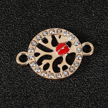Zinc Alloy Red & Black Enamel Connector Charms, with Crystal Rhinestone, Flat Round with Ladybug, Light Gold, 15x21mm, Hole: 2mm