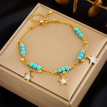 304 Stainless Steel & Round Synthetic Turquoise & Natural Shell Charm Double Layer Anklets, Golden, Star, 8-1/4 inch(210mm)