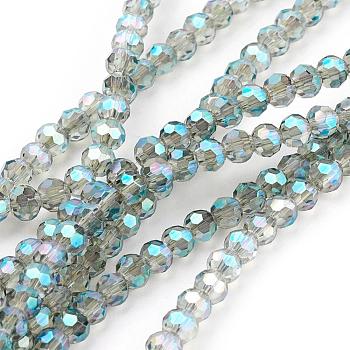Faceted(32 Facets) Round Electroplate Glass Beads Strands, Turquoise, about 3mm in diameter, hole: 1mm