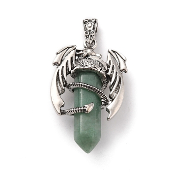 Natural Green Aventurine Pointed Pendants, Faceted Bullet Charms, with Rack Plating Platinum Tone Alloy Dragon Findings, Cadmium Free & Lead Free, 39~41x24~25x13~14mm, Hole: 4x8mm