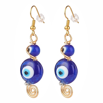 Lampwork Evil Eye Dangle Earrings, Brass Wire Wrap Jewelry for Women, Blue, 57.5mm, Pin: 0.9mm