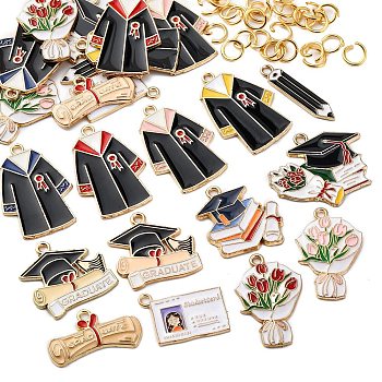 24Pcs 12 Styles Graduation Season Alloy Enamel Pendants, Mixed Shape, with 30Pcs 304 Stainless Steel Jump Rings, Mixed Color, 14~30x6~30x1~2mm, Hole: 1.8~2mm, 2pcs/style