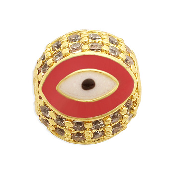 Brass Micro Pave Clear Cubic Zirconia Beads, with Enamel, Round with Eye, Red, 10.5x10mm, Hole: 2mm, 3pcs/bag