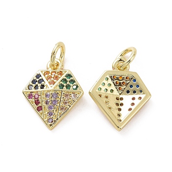 Brass Micro Pave Colorful Cubic Zirconia Charms, with Jump Ring, Diamond, Real 18K Gold Plated, 13x11x3mm, Hole: 3.2mm