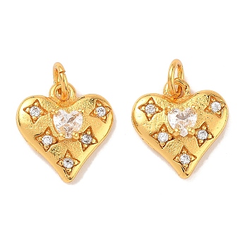 Brass Micro Pave Cubic Zirconia Charms, Heart, with Jump Ring, Long-Lasting Plated, Lead Free & Cadmium Free, Real 24K Gold Plated, 11x10x4mm, Hole: 2mm