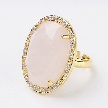 Natural Rose Quartz Adjustable Finger Ring, Wide Band Rings, with Rhinestone and Brass Finding, Oval, Size 7, Golden, 17mm