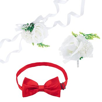 3Pcs 3 Styles Polyester & Resin Artificial Rose Boutonniere, with Iron Lapel Pin, for Wedding Party Decorations, Polyester Bowknot Iron Pet Collars, Mixed Color, 64.5~140x10~100x45mm
