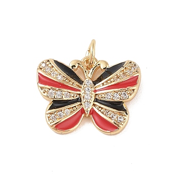 Brass Micro Pave Clear Cubic Zirconia Pendants, with Enamel and Jump Ring, Real 18K Gold Plated, Butterfly, Black, 14.5x18x3mm, Hole: 3mm