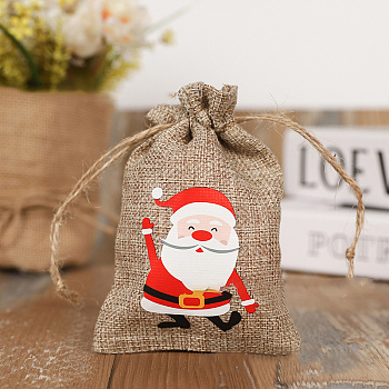 Christmas Theme Linenette Drawstring Bags, Rectangle with Santa Claus Pattern, Peru, Santa Claus Pattern, 14x10cm