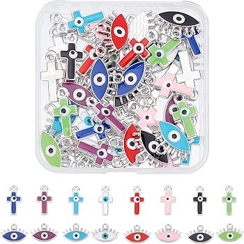 SUPERFINDINGS 64Pcs 16 Style CCB Plastic Enamel Pendants, Cross with Eye & Horse Eye, Mixed Color, 4pcs/style