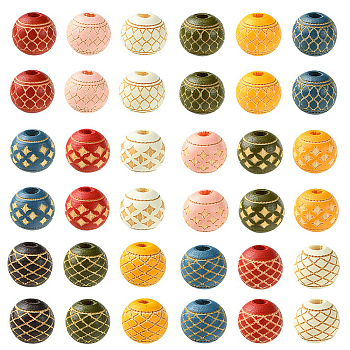 60Pcs 3 Styles Wood Beads, Round with Star Pattern, Mixed Color, 10x9mm, Hole: 3mm, 20pcs/style