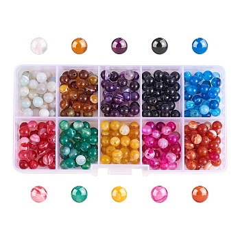 300Pcs 10 Colors Natural Striped Agate/Banded Agate Beads, Dyed, Round, Mixed Color, 6mm, Hole: 1mm, 30pcs/color