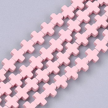 Spray Painted Non-magnetic Synthetic Hematite Beads Strands, Cross, Pink, 6~6.5x6~6.5x2.5mm, Hole: 0.8mm, about 66~75pcs/strand, 16.5 inch~18.7 inch