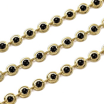 Brass Link Chains, with Enamel, Spool, Long-Lasting Plated, Unwelded, Flat Round, Golden, Black, Links: 9x6x1.5mm