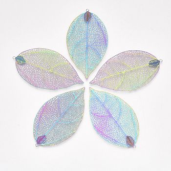 Ion Plating(IP) 304 Stainless Steel Filigree Big Pendants, Etched Metal Embellishments, Leaf, Rainbow Color, 60x33x0.2mm, Hole: 1.6mm