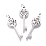 316 Surgical Stainless Steel Pendants, with Micro Pave Cubic Zirconia and Jump Ring, Long-Lasting Plated, Skeleton Key with Wing, Clear, Real Platinum Plated, 29x10x1.5mm, Hole: 3mm(STAS-L242-01P)