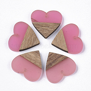 Transparent Resin & Walnut Wood Pendants, Heart, Hot Pink, 24x25x3.5~4mm, Hole: 2mm(RESI-S358-81-A01)