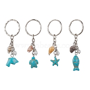 Synthetic Turquoise & Shell Pendant Keychain, with Iron Split Key Rings, Starfish/Sea Turtle/Fish/Dolphin, Mixed Shapes, 6.8~7.8cm(KEYC-JKC00653)