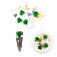 Nail Art Decoration Accessories, with Resin & Golden Tone Brass Cabochons & ABS Plastic Imitation Pearl Beads & Aluminium Flower, Mixed Shapes, Green, 2~12x1~12x0.5~4mm(MRMJ-Q087-001H)