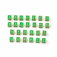 Rack Plating Brass Enamel Beads, Cadmium Free & Nickel Free & Lead Free, Real 18K Gold Plated, Cube with Letter A`Z, Lime Green, 6x6x6mm, Hole: 2.5mm(KK-B060-04G-02)