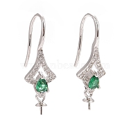 925 Sterling Silver Earring Hooks, with Medium Sea Green Cubic Zirconia, Twist Rhombus, for Half Drilled Beads, Platinum, 25mm, Pin: 0.7mm and 0.6mm, Tray: 6x3mm(STER-D035-28P)