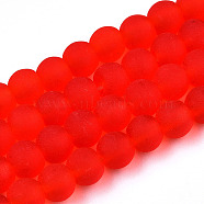 Transparent Glass Beads Strands, Frosted, Round, Red, 6~6.5mm, Hole: 1.4mm, about 67~70pcs/strand, 14.76 inch~15.16 inch(37.5~38.5cm)(GLAA-T032-T6mm-MD09)