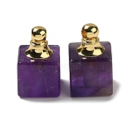 Natural Amethyst Perfume Bottle Pendants, Square Charms with Golden Plated 304 Stainless Steel Findings, 19x12x12mm, Hole: 2mm(G-Z039-04G-04)