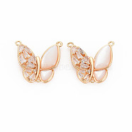 Brass Clear Cubic Zirconia Connector Charms, with Shell, Nickel Free, Butterfly, Real 18K Gold Plated, 17x18x4mm, Hole: 0.9mm(KK-S364-257)