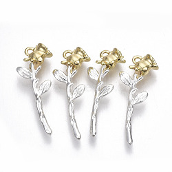 Rack Plating Alloy Pendants, Cadmium Free & Lead Free, Rose Flower, Silver Color Plated & Light Gold, 33x12x6.5mm, Hole: 1.8mm(X-PALLOY-S132-173B-RS)