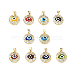 Real 18K Gold Plated Brass Clear Cubic Zirconia Pendants, Flat Round with Lampwork Evil Eye Charms, Lead Free & Cadmium free, Mixed Color, 19x16.5x5mm, Hole: 4mm(ZIRC-L102-12G)