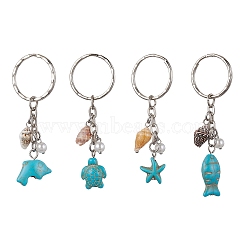 Synthetic Turquoise & Shell Pendant Keychain, with Iron Split Key Rings, Starfish/Sea Turtle/Fish/Dolphin, Mixed Shapes, 6.8~7.8cm(KEYC-JKC00653)