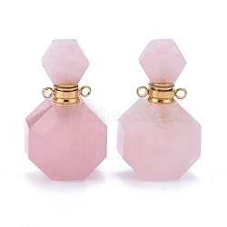 Faceted Natural Rose Quartz Openable Perfume Bottle Pendants, with 304 Stainless Steel Findings, Golden, 34~36x20~22x12~13mm, Hole: 1.8mm, Bottle Capacity: 1ml(0.034 fl. oz)(G-I287-06G-B)