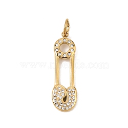 304 Stainless Steel Rhinestone Pendants, Pins Charms, Real 18K Gold Plated, 28x8.5x2.5mm, Hole: 6mm(RB-CBAC900-12G)