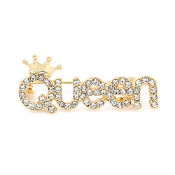 Alloy Rhinestone Brooches, Word Queen with Crown Pins for Women, Golden, 15x36x2.5mm(JEWB-P023-01G)