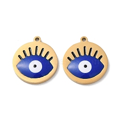 Ion Plating(IP) 304 Stainless Steel Pendants, with Enamel, Flat Round with Evil Eye Pattern, Golden, 17x15x1.5mm, Hole: 1.2mm(STAS-C083-16G-01)