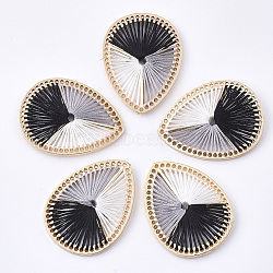Tri-color Polyester Thread Woven Pendants, with Golden Plated Alloy Findings, Long-Lasting Plated, Teardrop, Black, 36x27x3mm, Hole: 0.8mm(X-FIND-S319-01A)