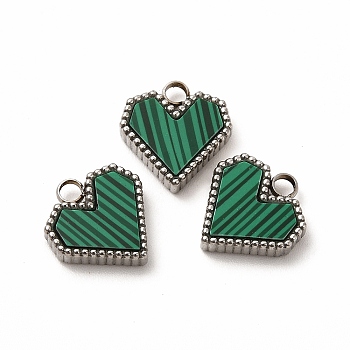 Synthetic Malachite Dyed Heart Charms, with 304 Stainless Steel Findings, Stainless Steel Color, 12x11x3mm, Hole: 2mm