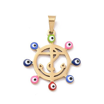Vacuum Plating 304 Stainless Steel Enamel Pendants, Golden, Hollow, Anchor with Evil Eye, Colorful, 24.5x22x2mm, Hole: 5x3mm