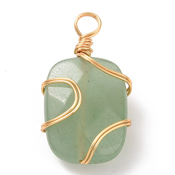 Natural Green Aventurine Rectangle Pendants, with Golden Copper Wire Wrapped Findings,, Long-Lasting Plated, 22.5~23x12.5~13x7~8mm, Hole: 3~3.5mm