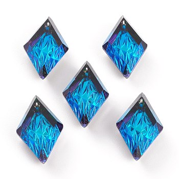 Embossed Glass Rhinestone Pendants, Rhombus, Faceted, Bermuda Blue, 19x12x6mm, Hole: 1.5mm
