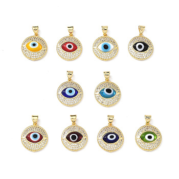 Real 18K Gold Plated Brass Clear Cubic Zirconia Pendants, Flat Round with Lampwork Evil Eye Charms, Lead Free & Cadmium free, Mixed Color, 19x16.5x5mm, Hole: 4mm