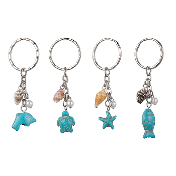 Synthetic Turquoise & Shell Pendant Keychain, with Iron Split Key Rings, Starfish/Sea Turtle/Fish/Dolphin, Mixed Shapes, 6.8~7.8cm