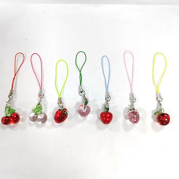 Cell Phone Strap Charm, Apple & Strawberry & Cherry Acrylic Charm Hanging Keychain for Women, with Polyester Cord, Mixed Color, 8.5~8.8cm, 7pcs/set