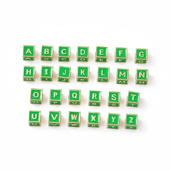 Rack Plating Brass Enamel Beads, Cadmium Free & Nickel Free & Lead Free, Real 18K Gold Plated, Cube with Letter A`Z, Lime Green, 6x6x6mm, Hole: 2.5mm